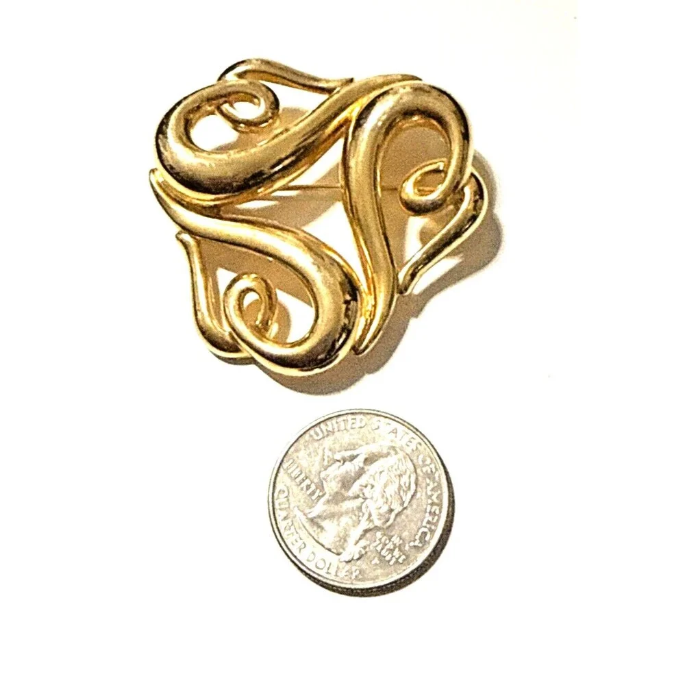 Vintage FIF Abstract Hearts Brooch Art Nouveau Gold Tone Openwork Pin 1.75